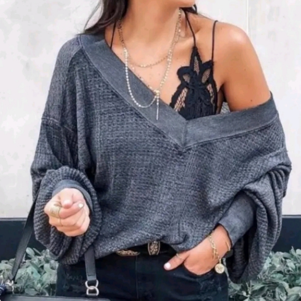 Free People Slouchy Oversized Waffle Knit Top Heather Gray Size Small